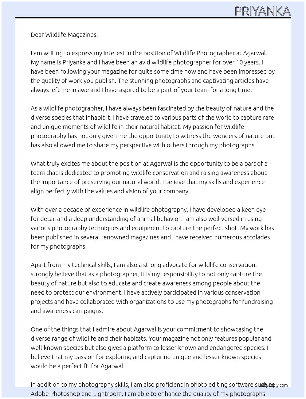 Wildlife photographer  At Agarwal Cover Letter