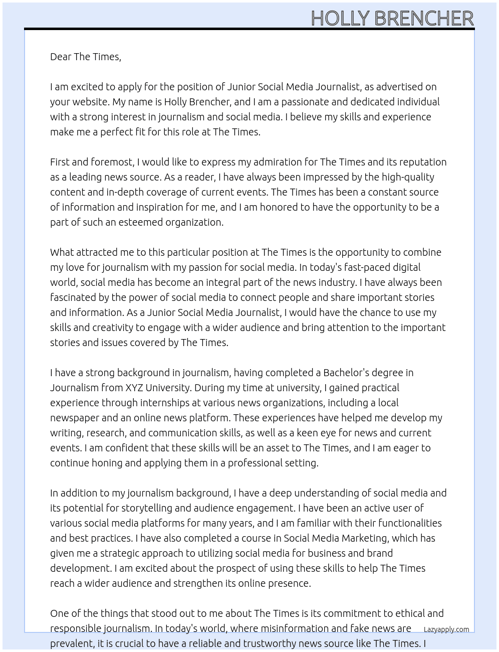 Junior social media journalist  At The Times Cover Letter