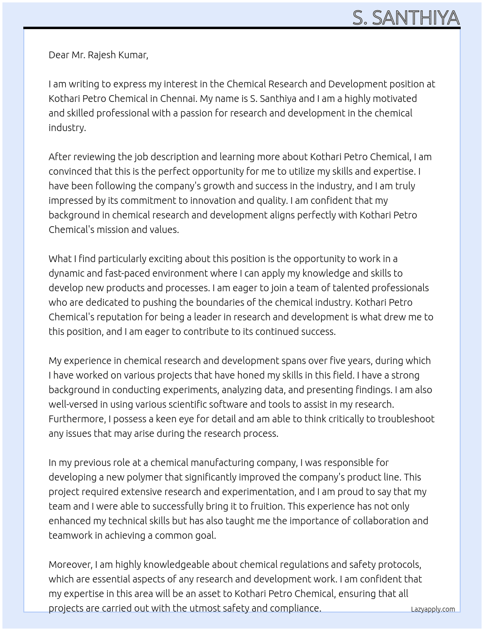 chemical research and development  At kothari petro chemical in Chennai  Cover Letter