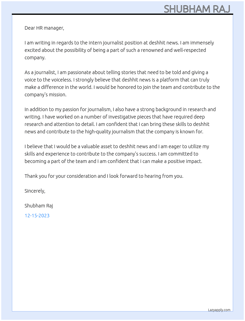 intern journalist At deshhit news Cover Letter