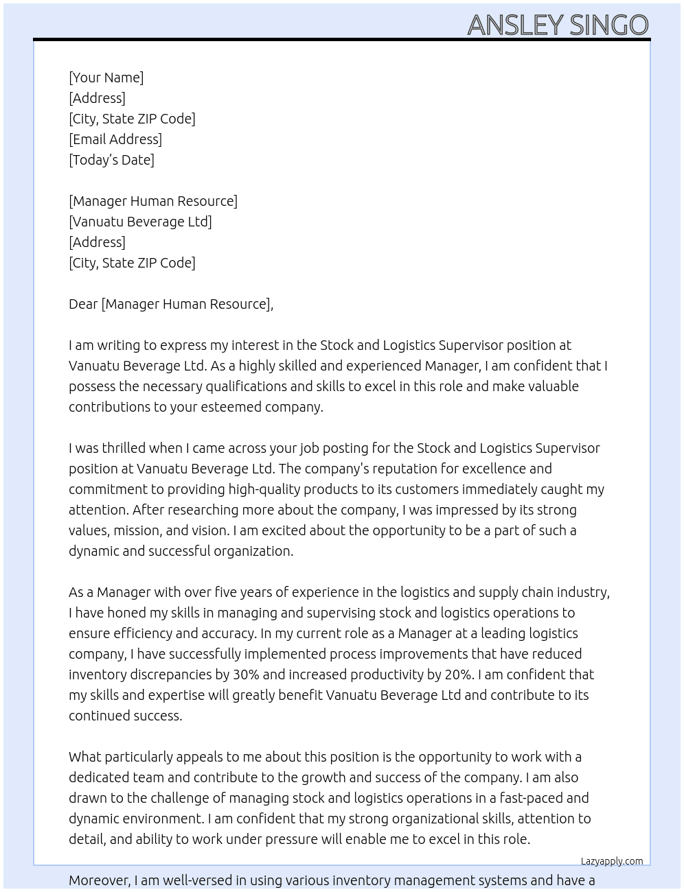 Stock and Logistics Superviser At Vanuatu Beverage Ltd Cover Letter
