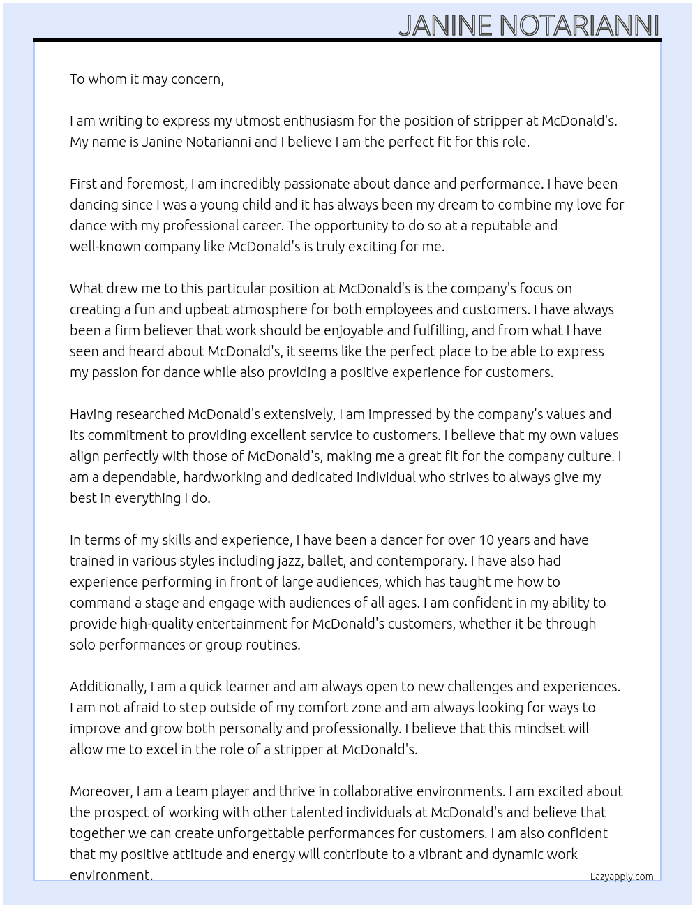 stripper At mcdonalds Cover Letter