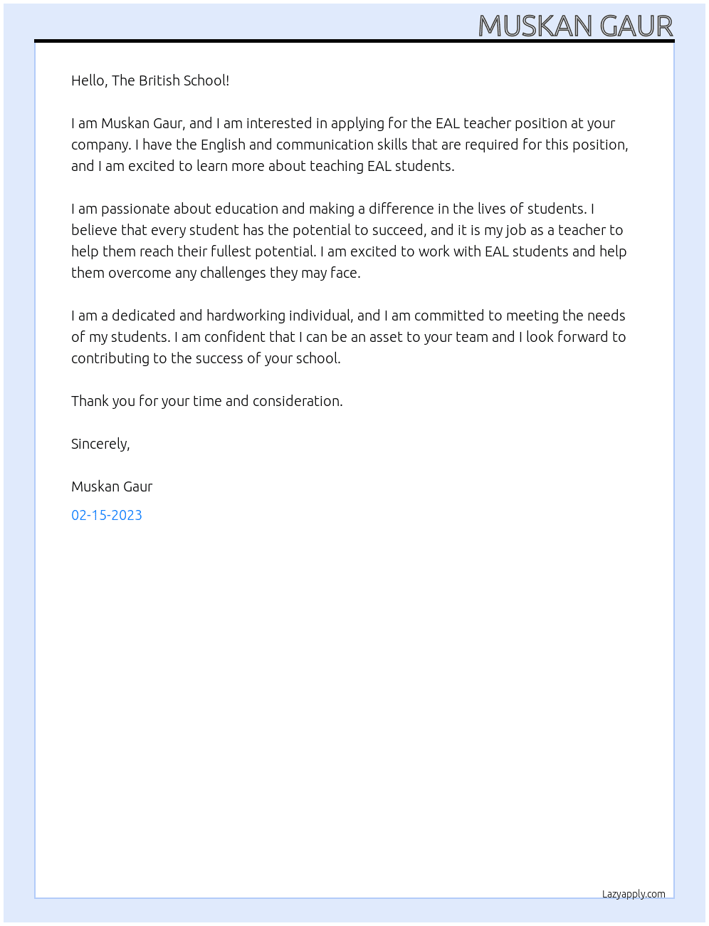 EAL teacher  At New Delhi Cover Letter