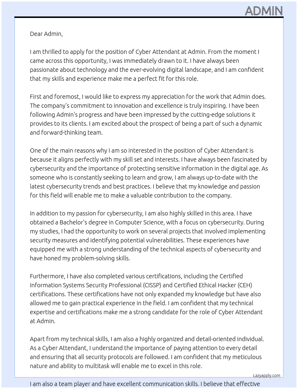 cyber attendant At admin Cover Letter