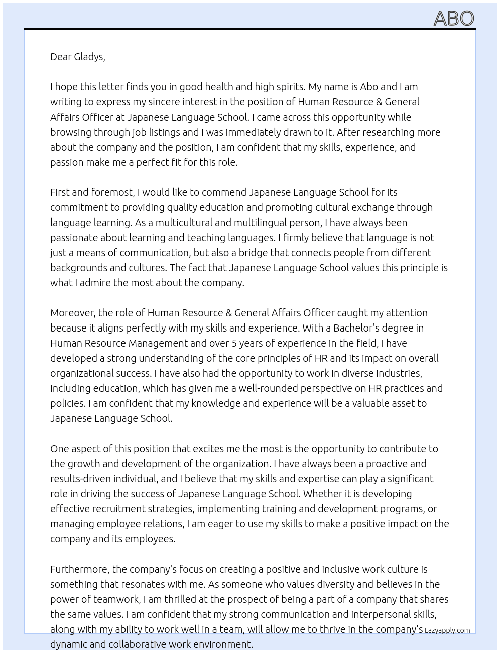 Human Resource & General Affairs Officer At Japanese Language School Cover Letter