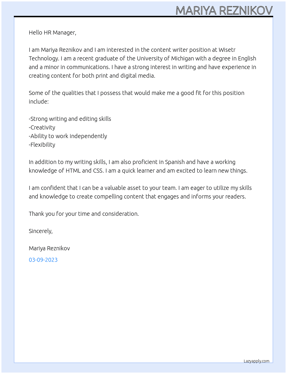 Content Writer At Wisetr Technology  Cover Letter
