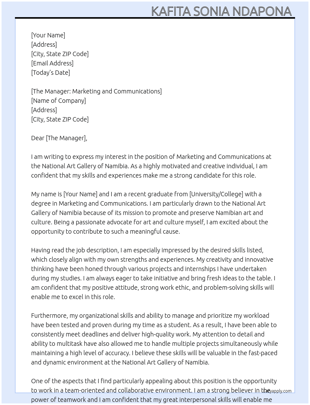 marketing and communications  At National Art Gallery of Namibia Cover Letter