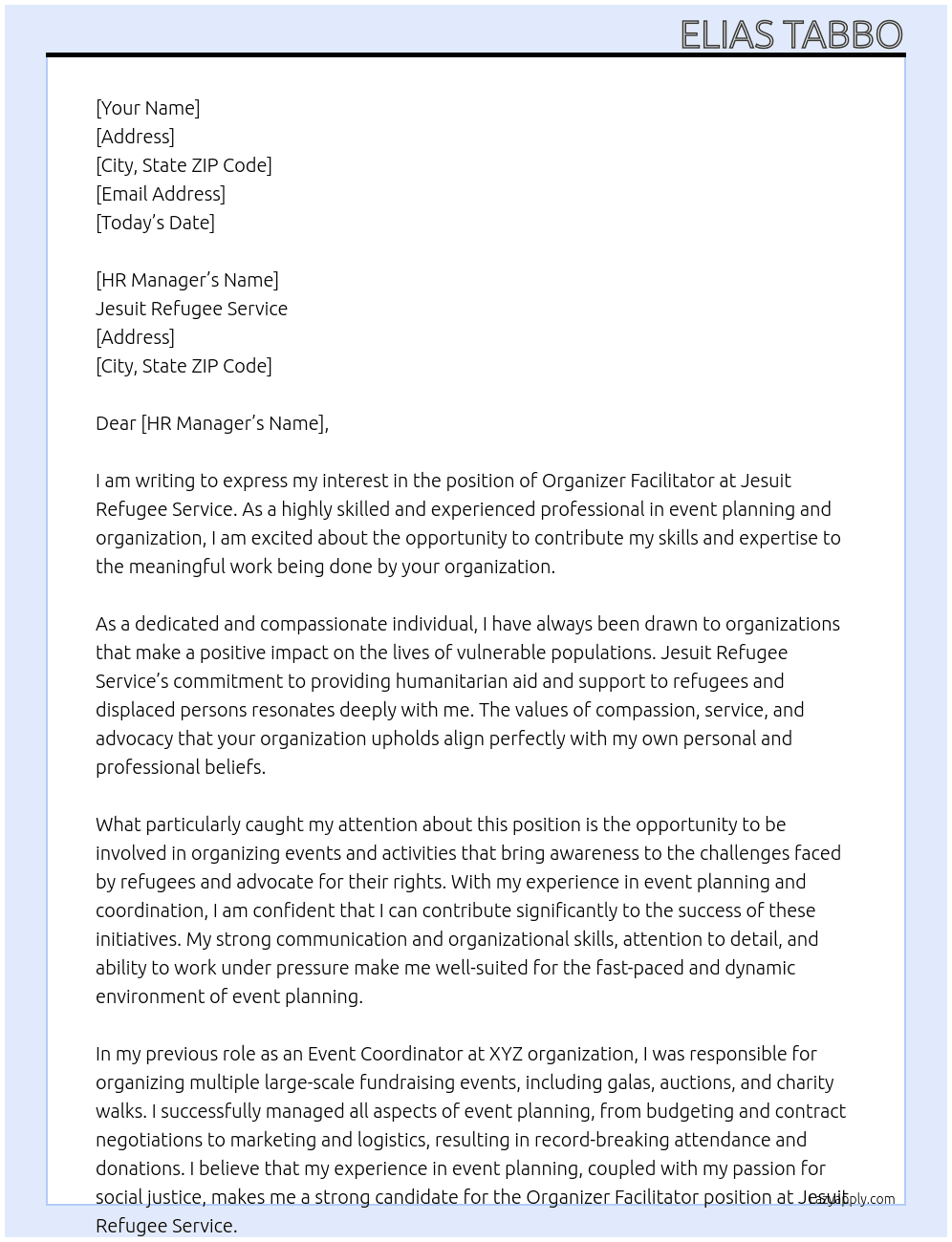 Organizer Facilitator At Jesuit Refugee Service Cover Letter