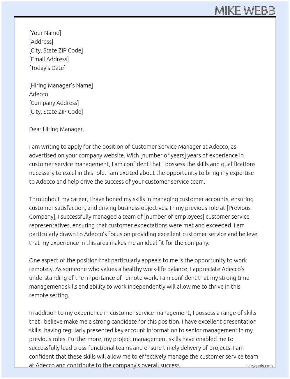 Customer Service Manager At Adecco Cover Letter