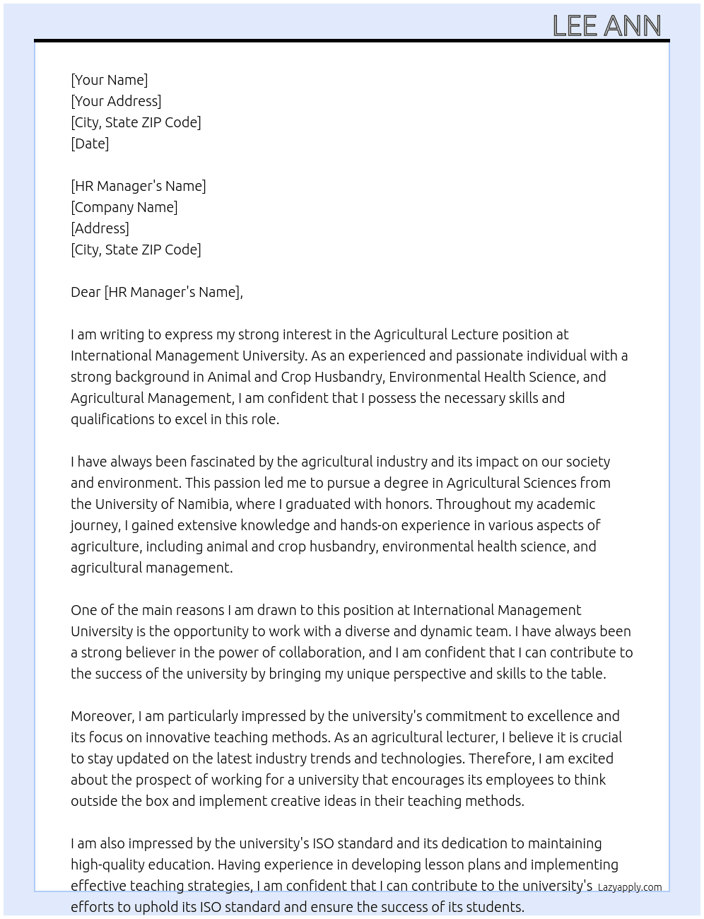 Agricultural lecture  At International Management University  Cover Letter
