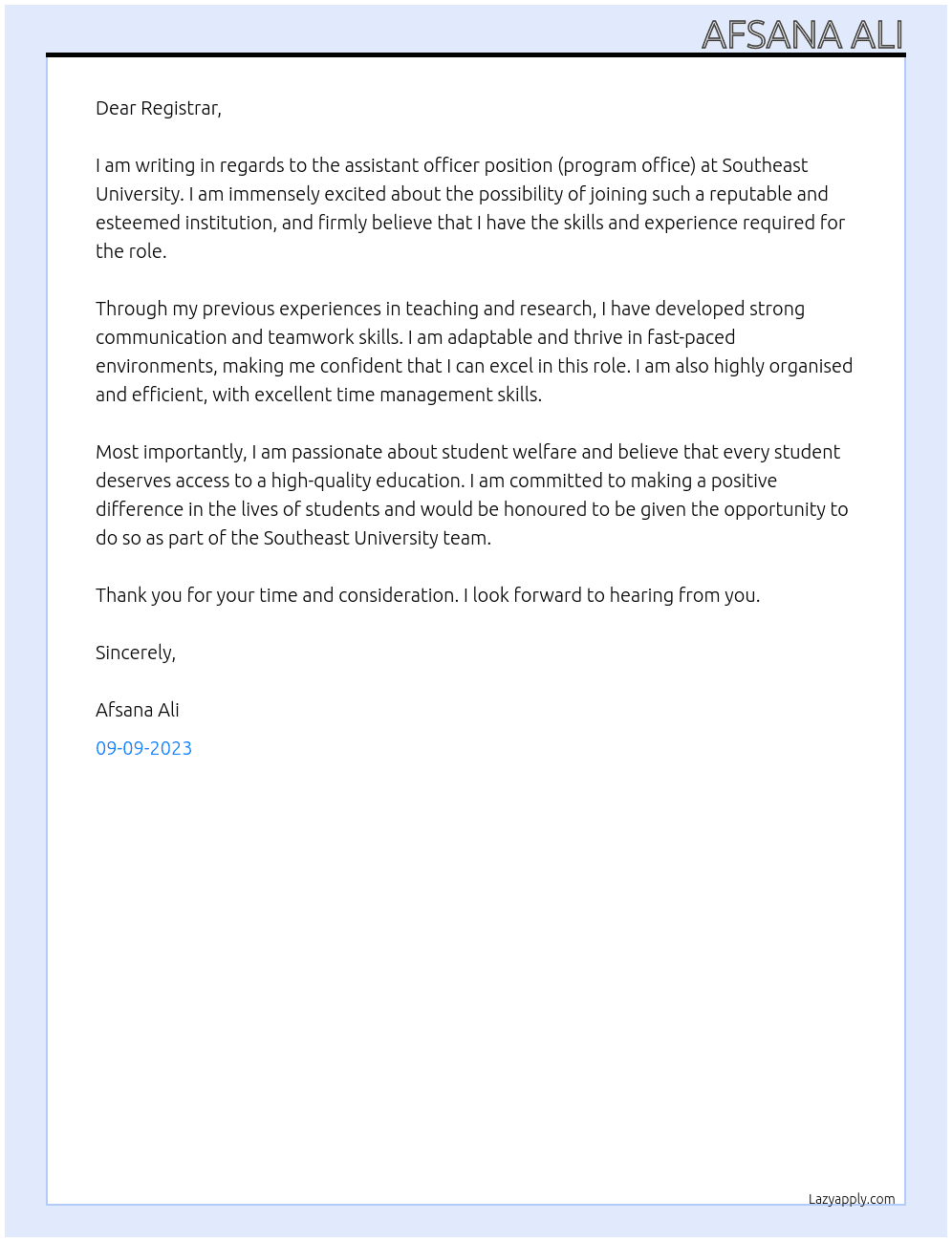 Assistant Officer (Program Office) At Southeast University Cover Letter