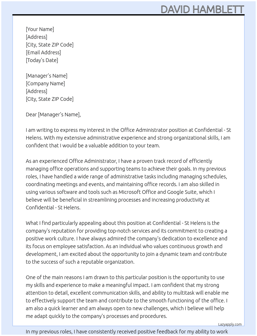Office Administrator At Confidential - St Helens Cover Letter