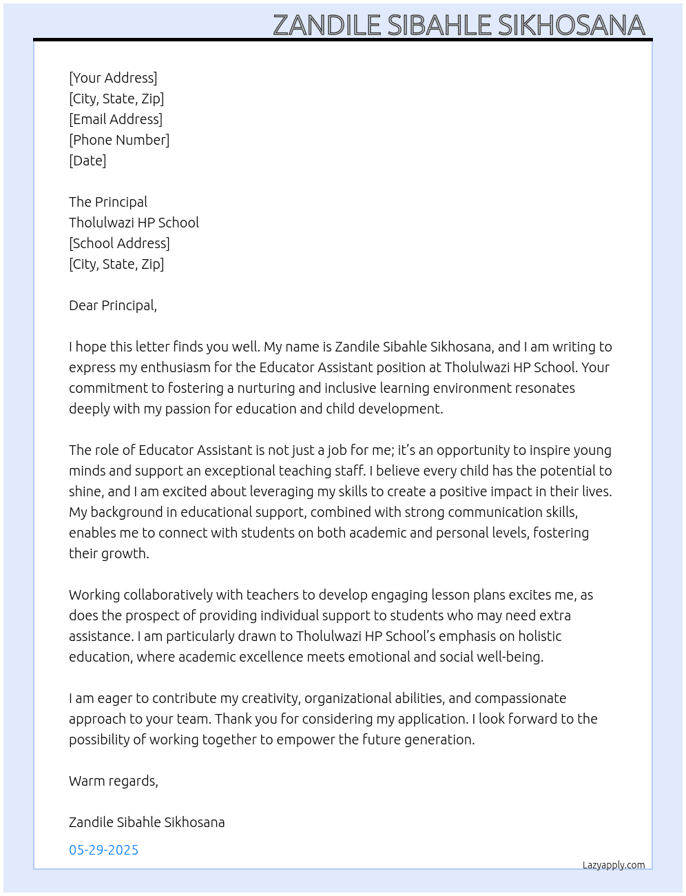 Educator Assistant  At Tholulwazi HP School  Cover Letter