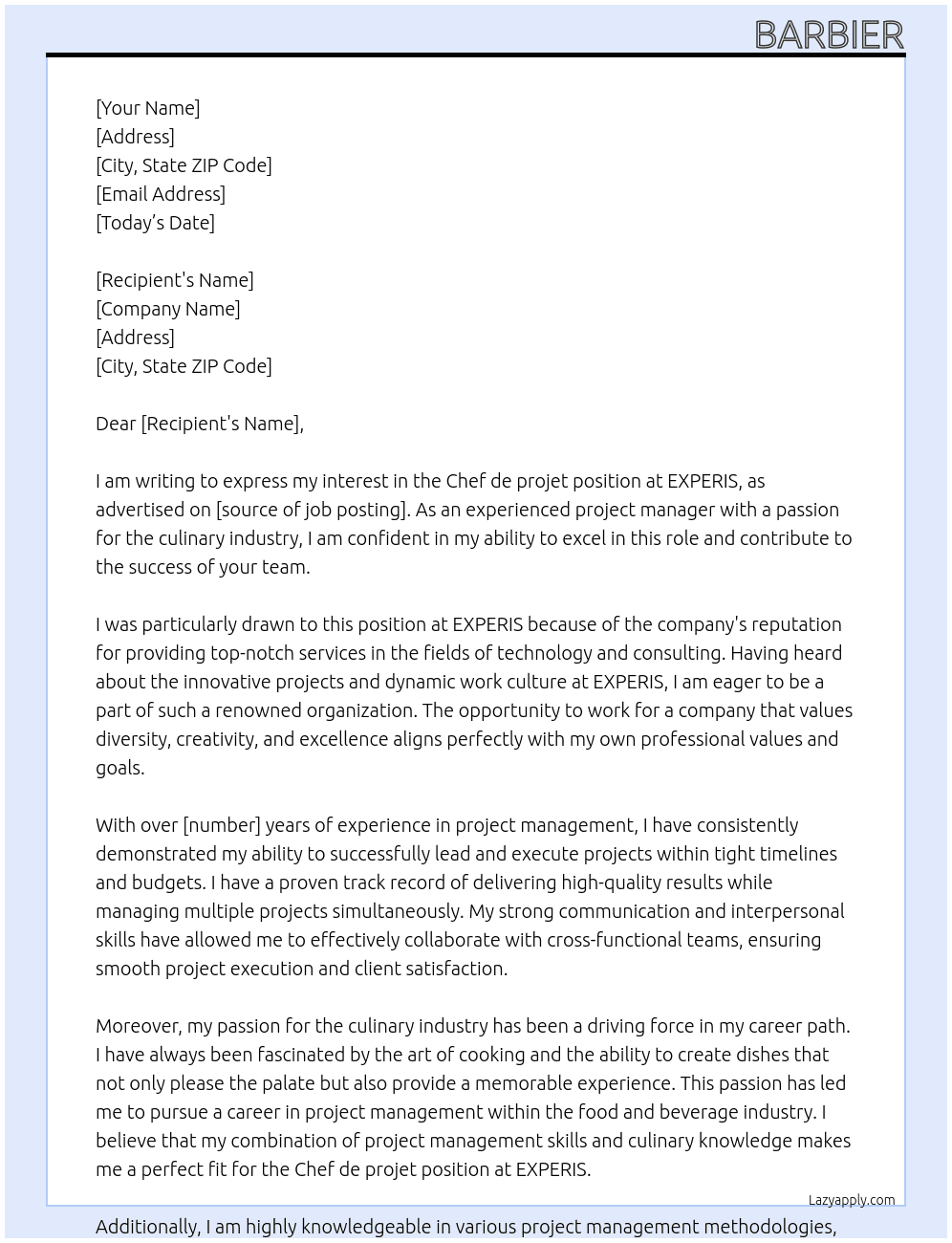 Chef de projet At EXPERIS Cover Letter