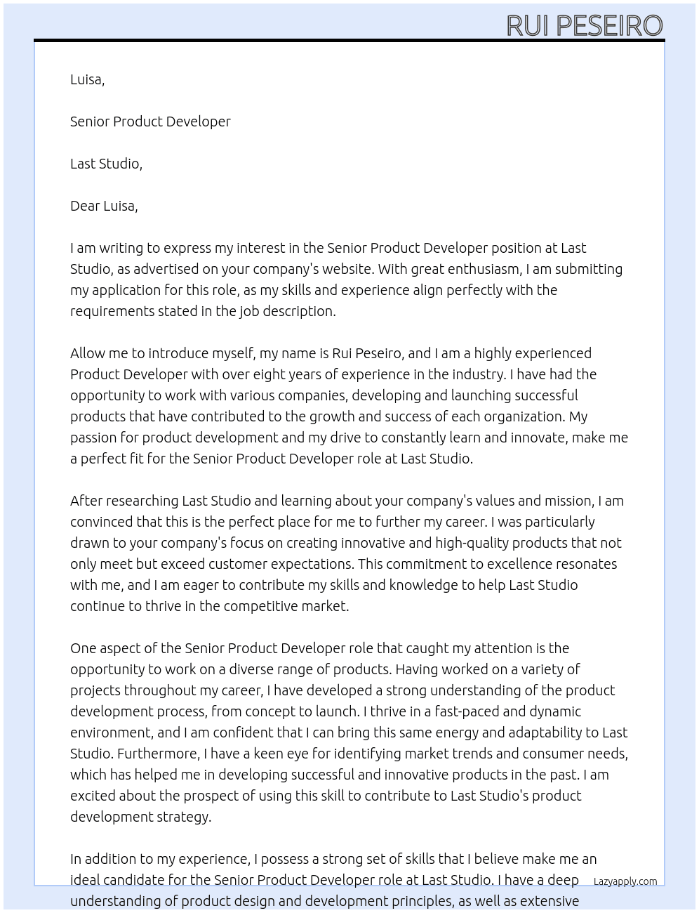 SENIOR PRODUCT DEVELOPER At Last Studio Cover Letter
