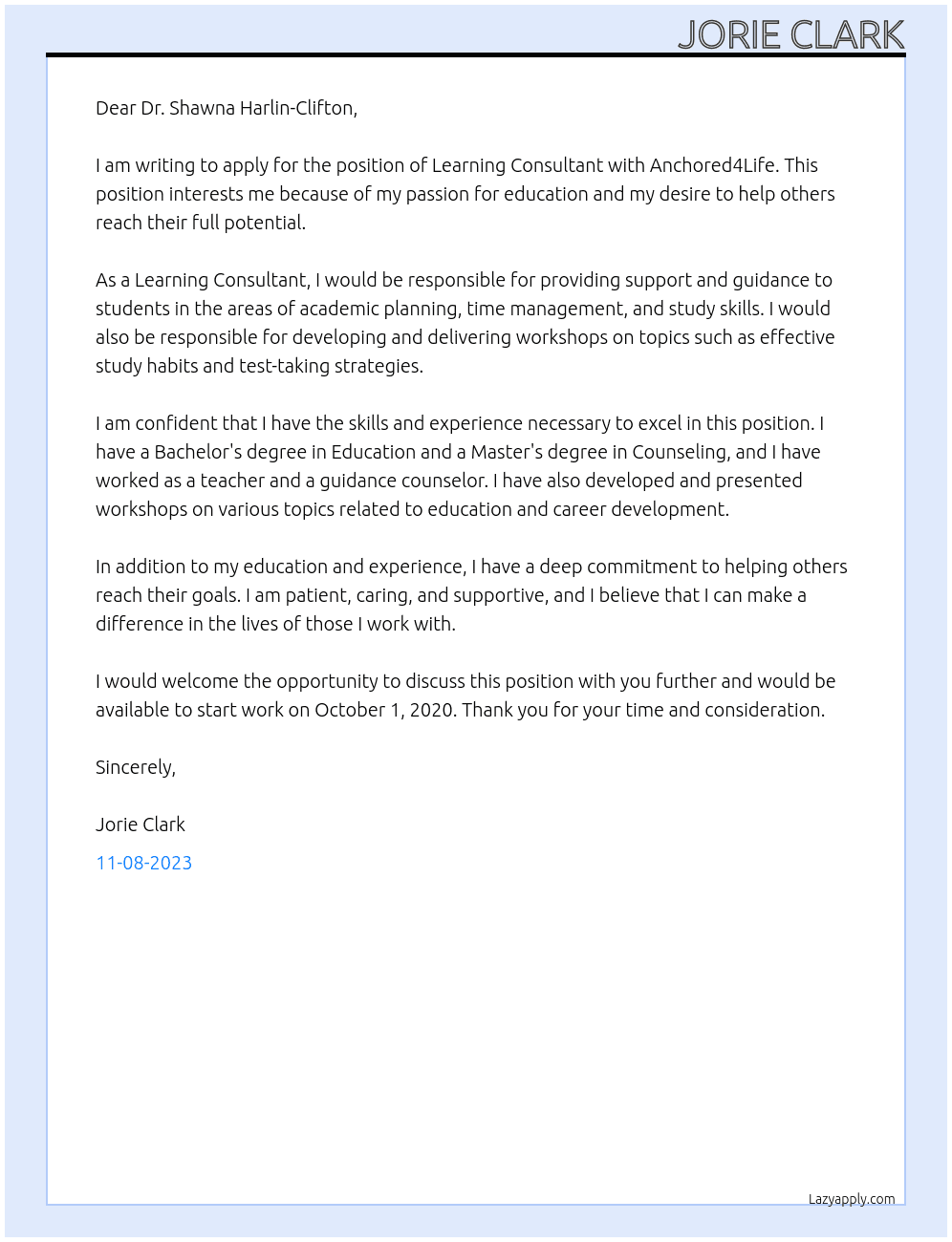 Learning Consultant  At Anchored4Life Cover Letter