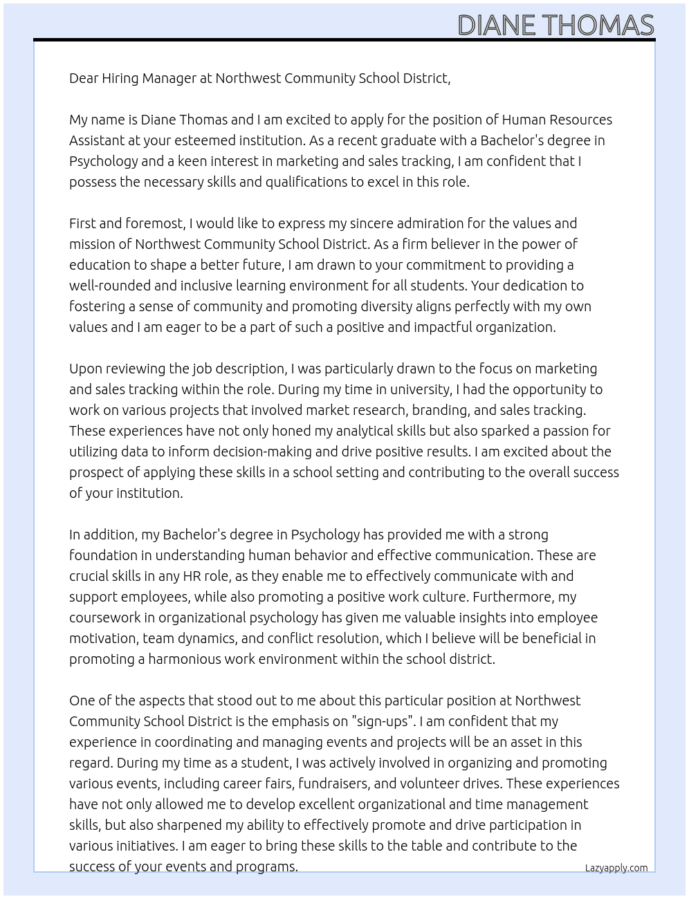 human resources assistant At Northwest community school district Cover Letter