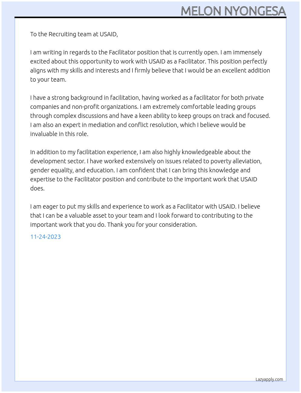 Facilitator At USAID Cover Letter