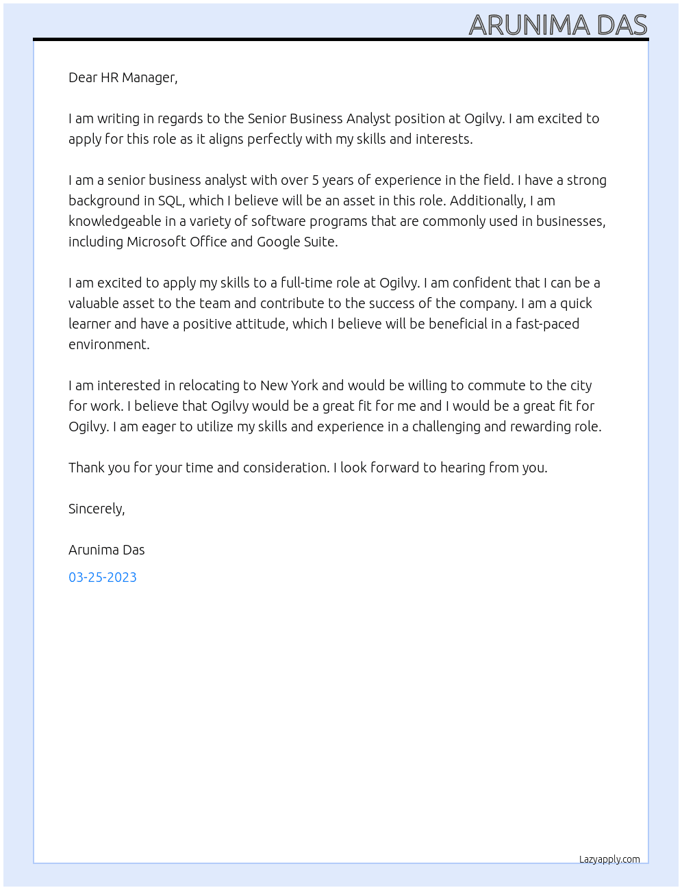Senior Business Analyst At Ogilvy Cover Letter