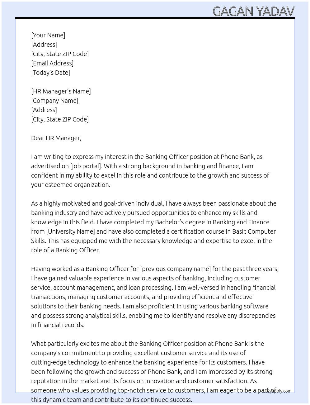Banking officer  At Phone bank Cover Letter