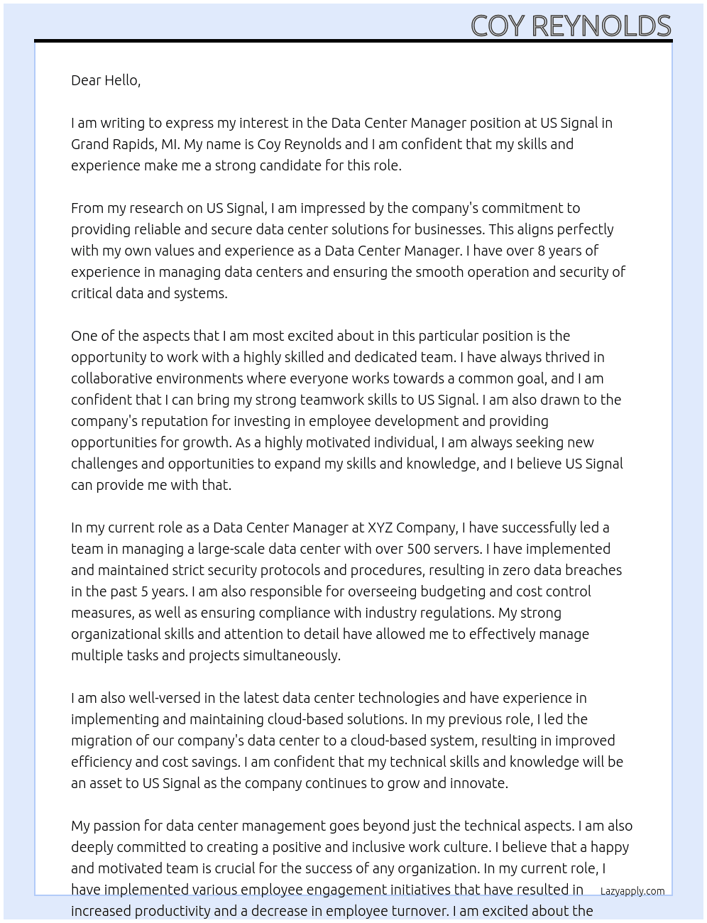 Data Center Manager At US Signal Cover Letter