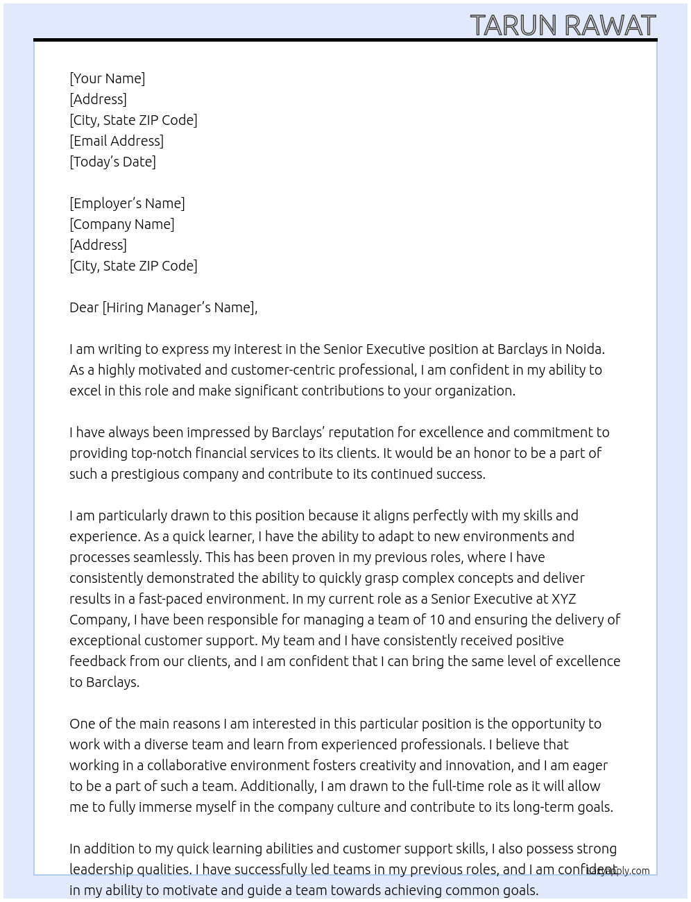 Senior executive  At Barclays Cover Letter