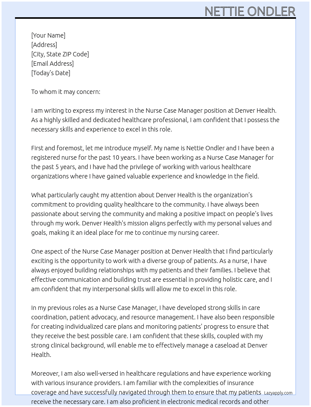 Nurse case manager  At Denver Health  Cover Letter