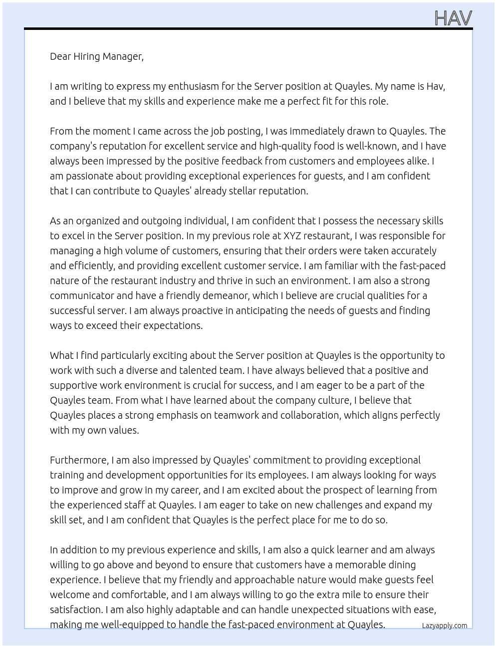Server At Quayles Cover Letter