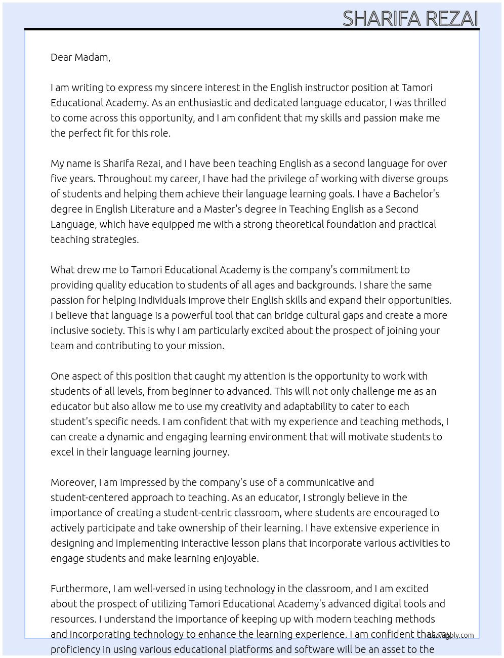 English instructor At Tamori Educational Academy  Cover Letter