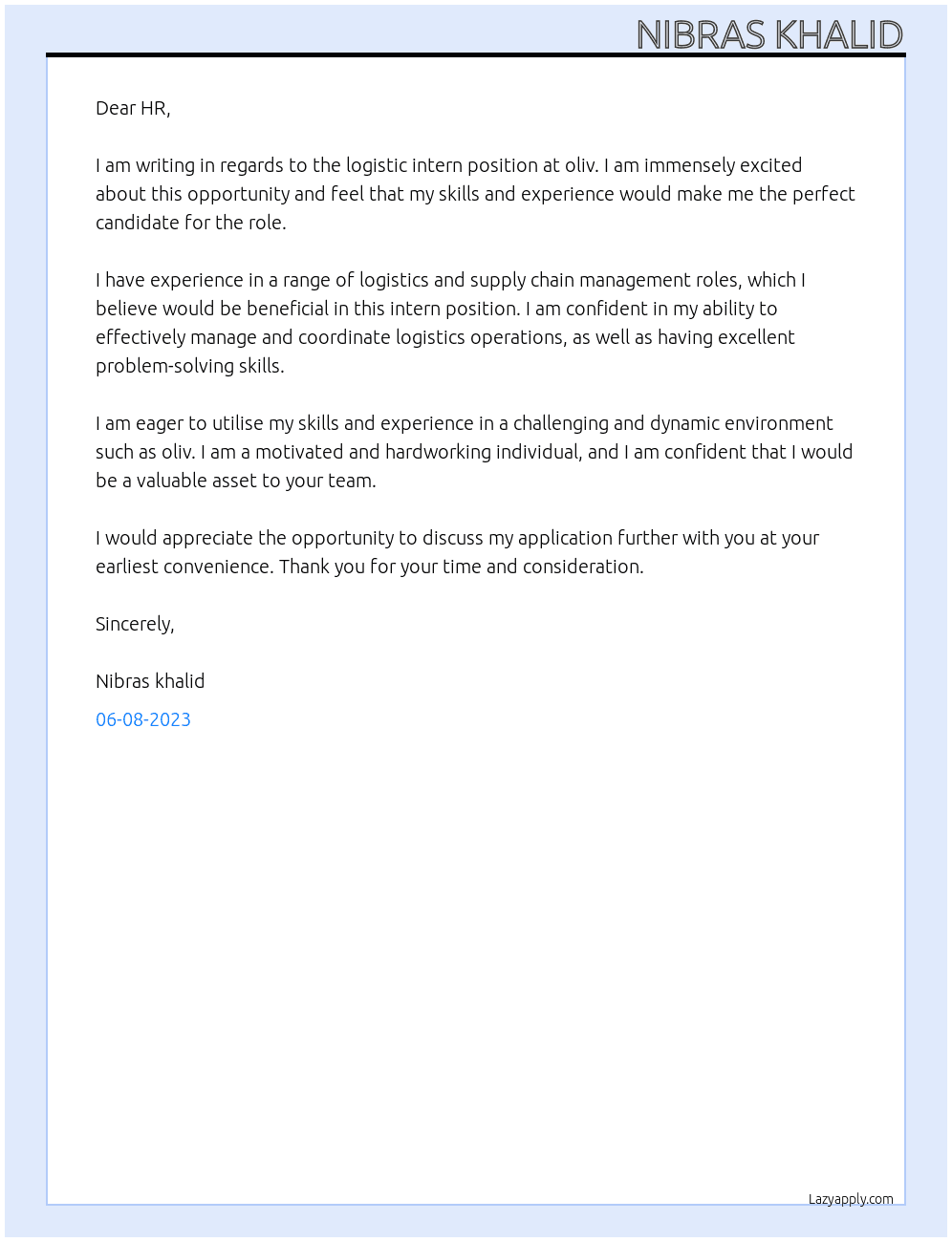 logistic intern At oliv Cover Letter
