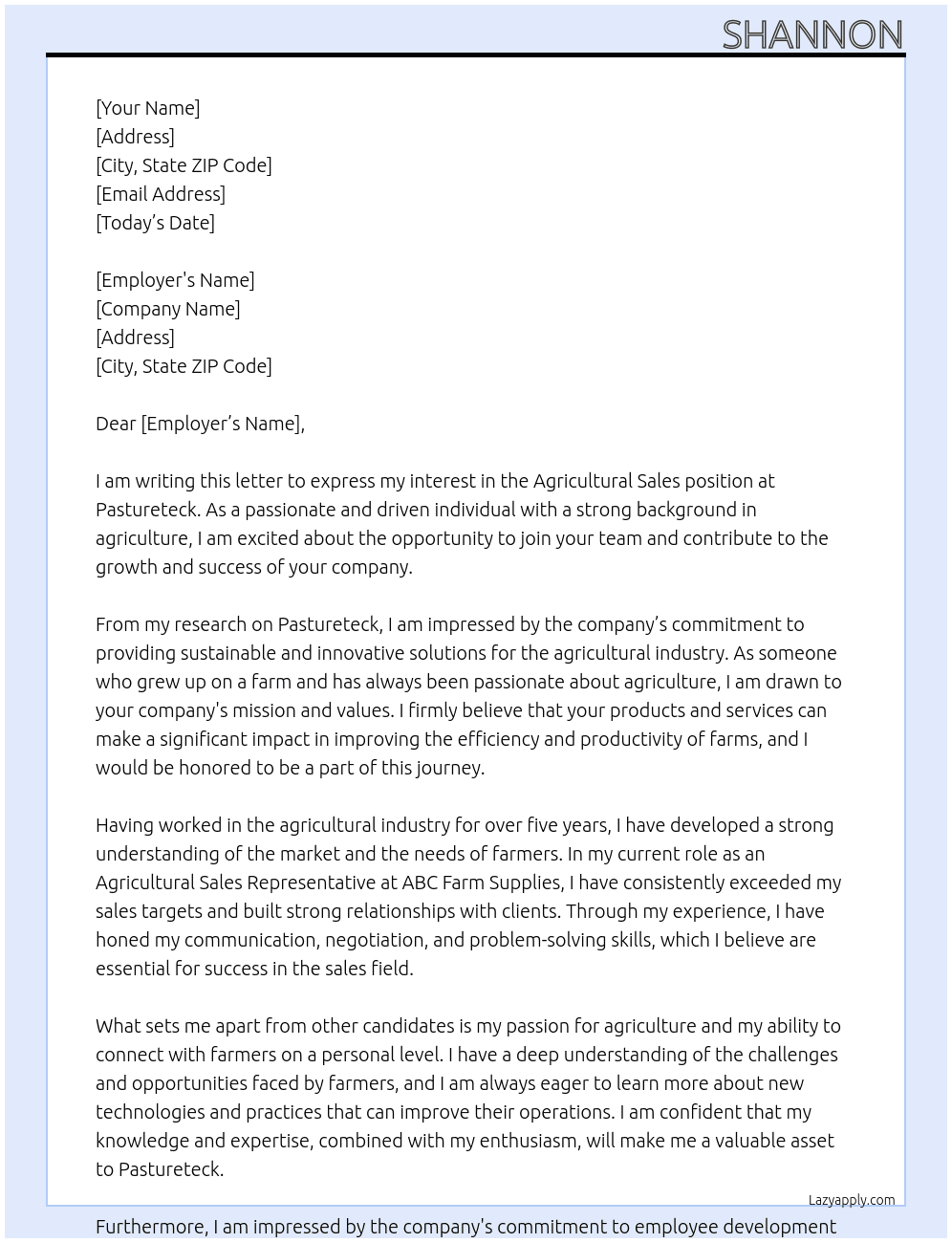 agricultural sales At pastureteck Cover Letter