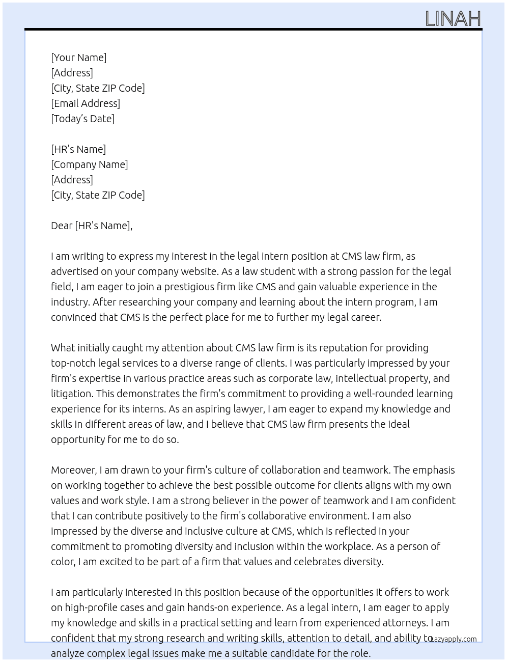 legal intern At CMS law firm Cover Letter