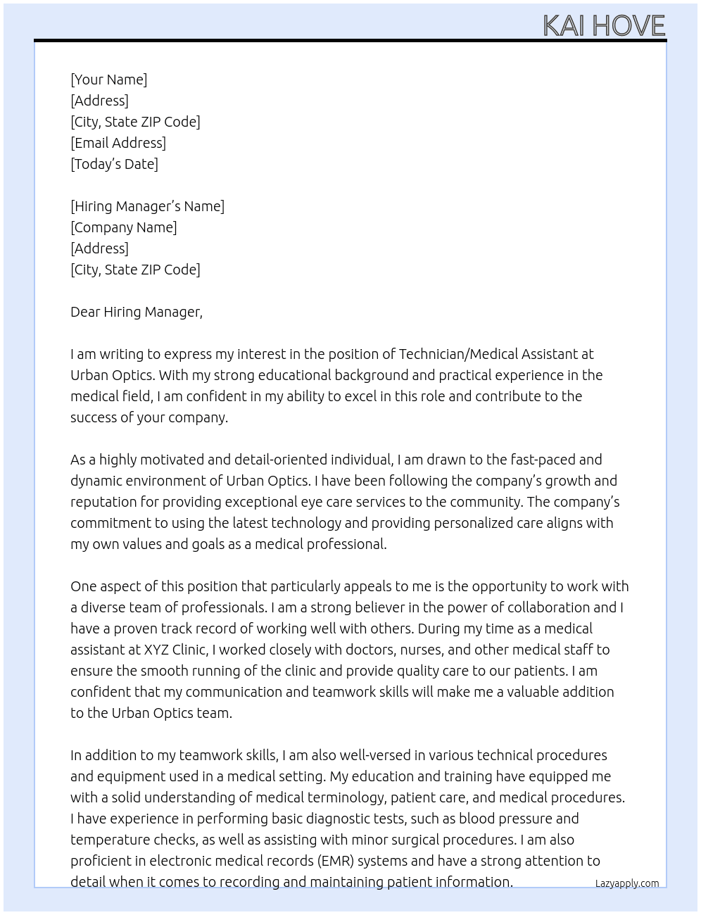 Technician/Medical Assistant At Urban Optics Cover Letter
