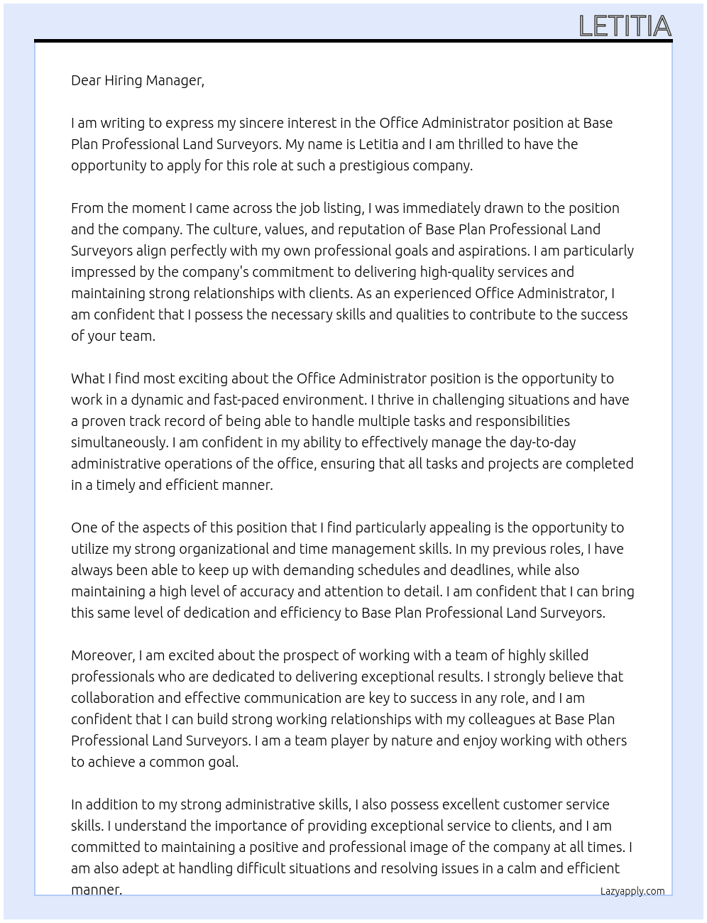 Office Administrator At Base Plan Professional Land Surveyors Cover Letter