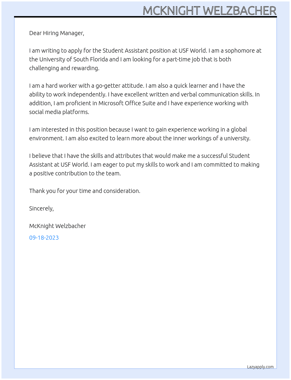 Student Assistant At USF World Cover Letter