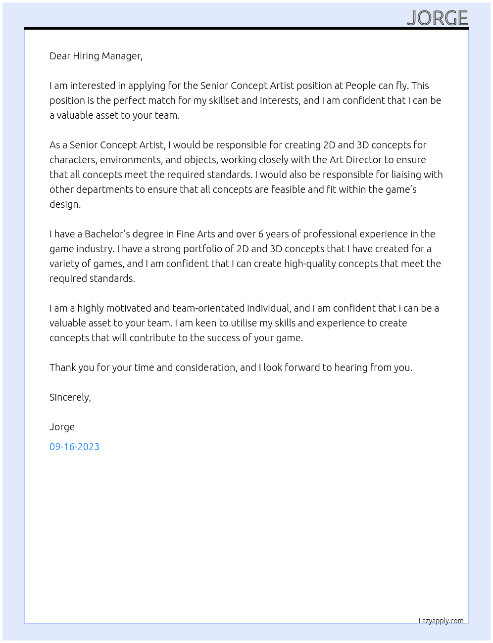 Senior concept artist At People can fly Cover Letter