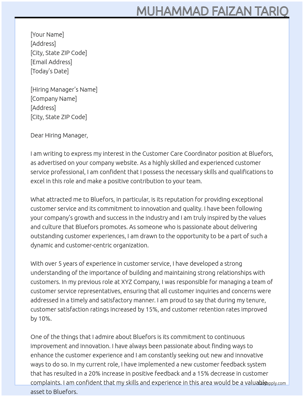 Customer Care Coordinator  At Bluefors Cover Letter