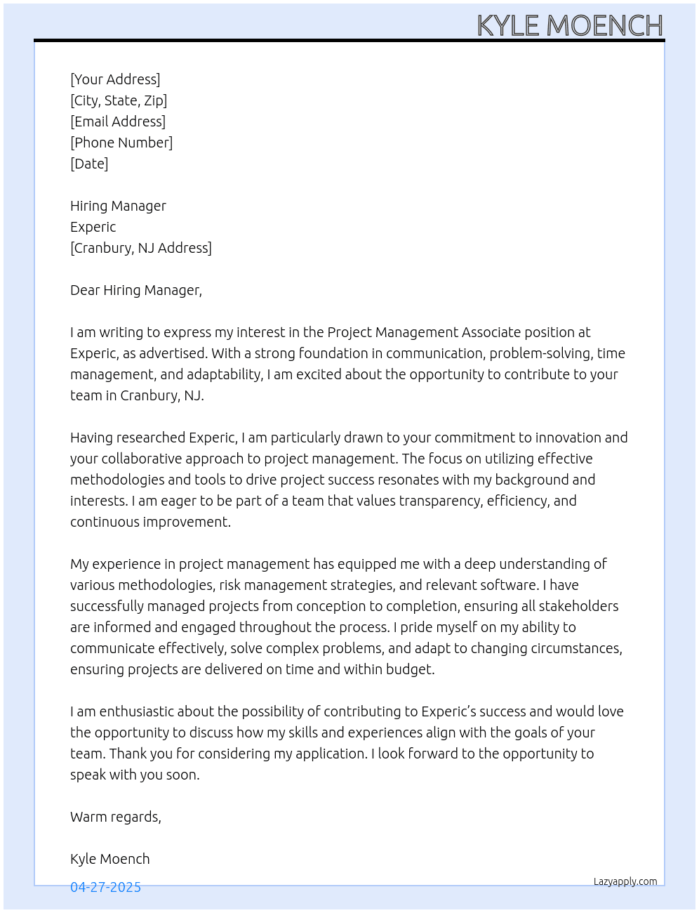 Project Management Associate At Experic Cover Letter