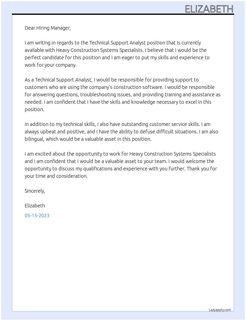 Technical Support Analyst At  Heavy Construction Systems Specialists Cover Letter