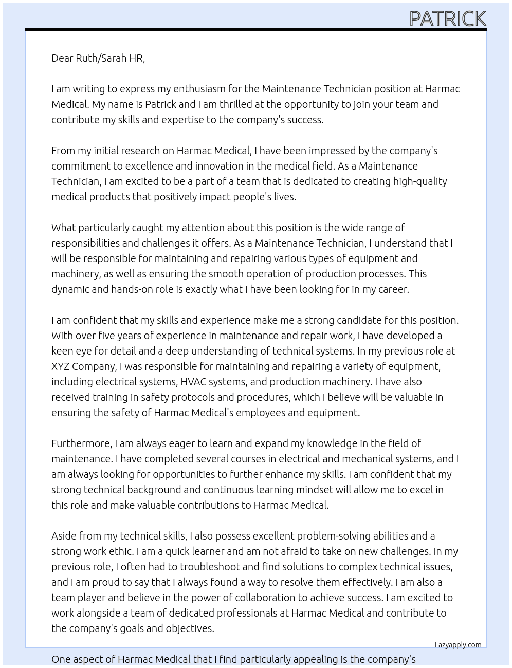 Maintenance technician  At Harmac medical Cover Letter
