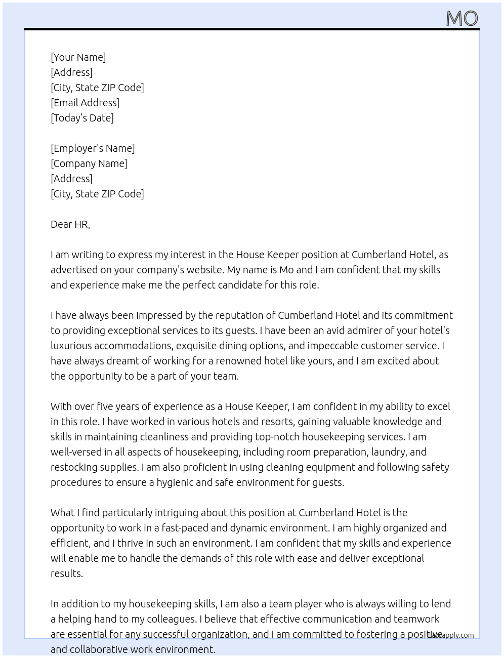 House Keeper At Cumberland Hotel Cover Letter