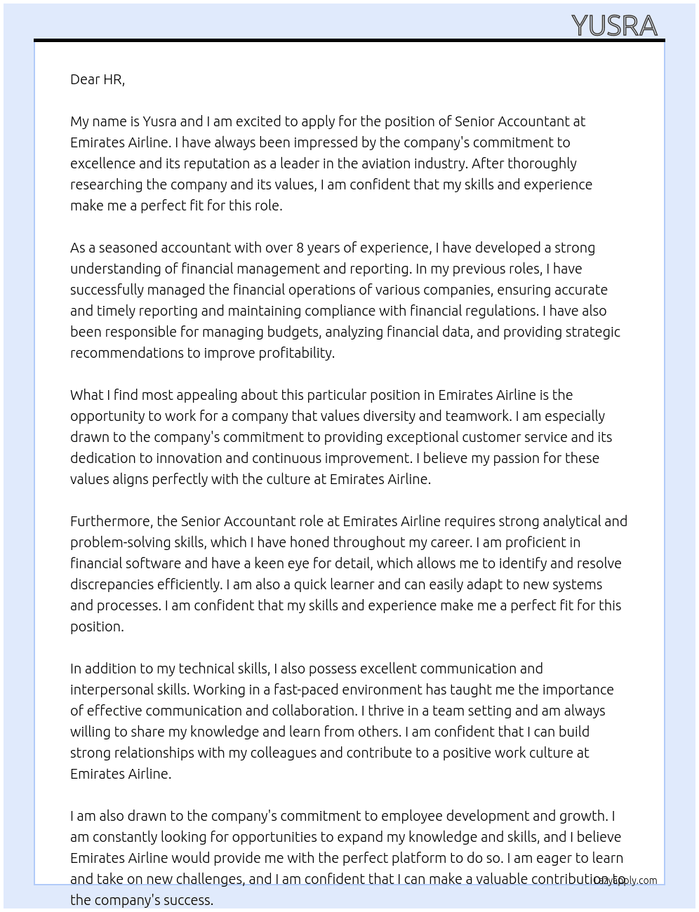Senior Accountant  At Emirates Airline  Cover Letter