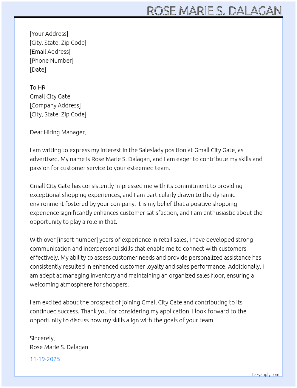 saleslady At Gmall city gate Cover Letter