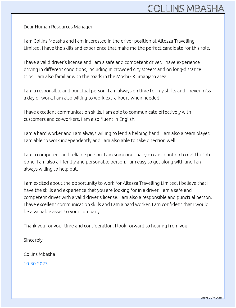 Driver At Altezza Travelling Limited Cover Letter