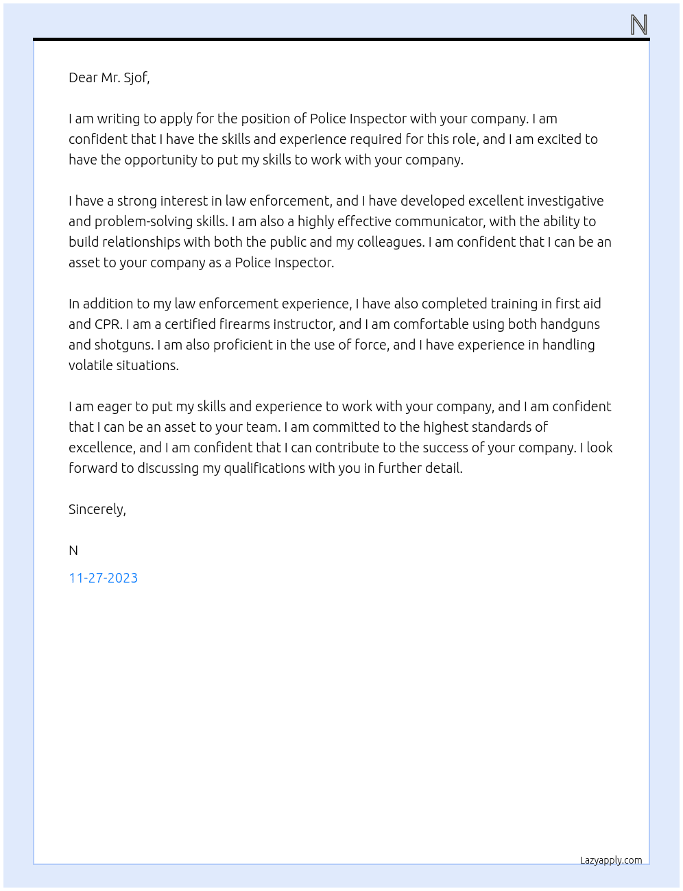 Police Inspector  At Sjof Cover Letter