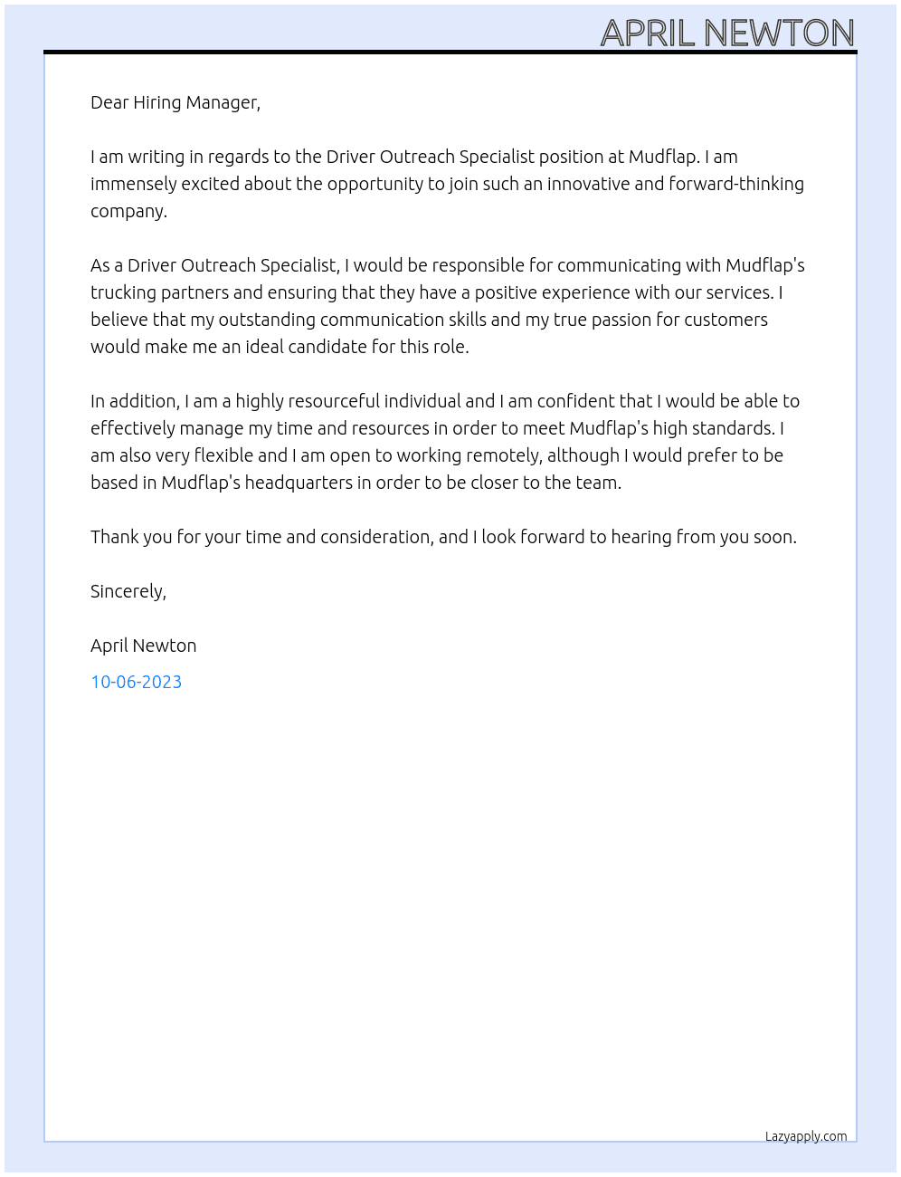 Driver Outreach Specialist At Mudflap Cover Letter