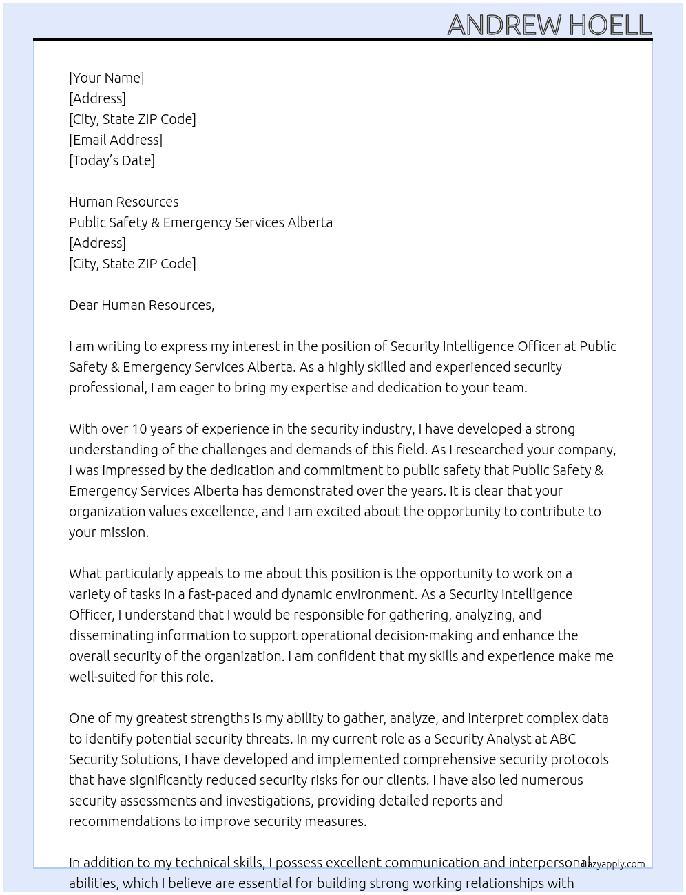 Security Intelligence Officer At Public Safety & Emergency Services Alberta Cover Letter