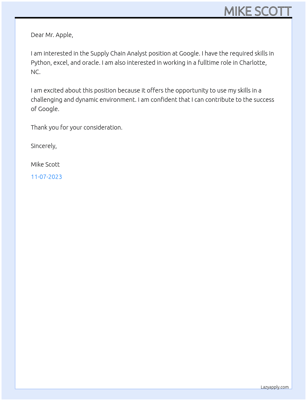Supply Chain Analyst At Google Cover Letter