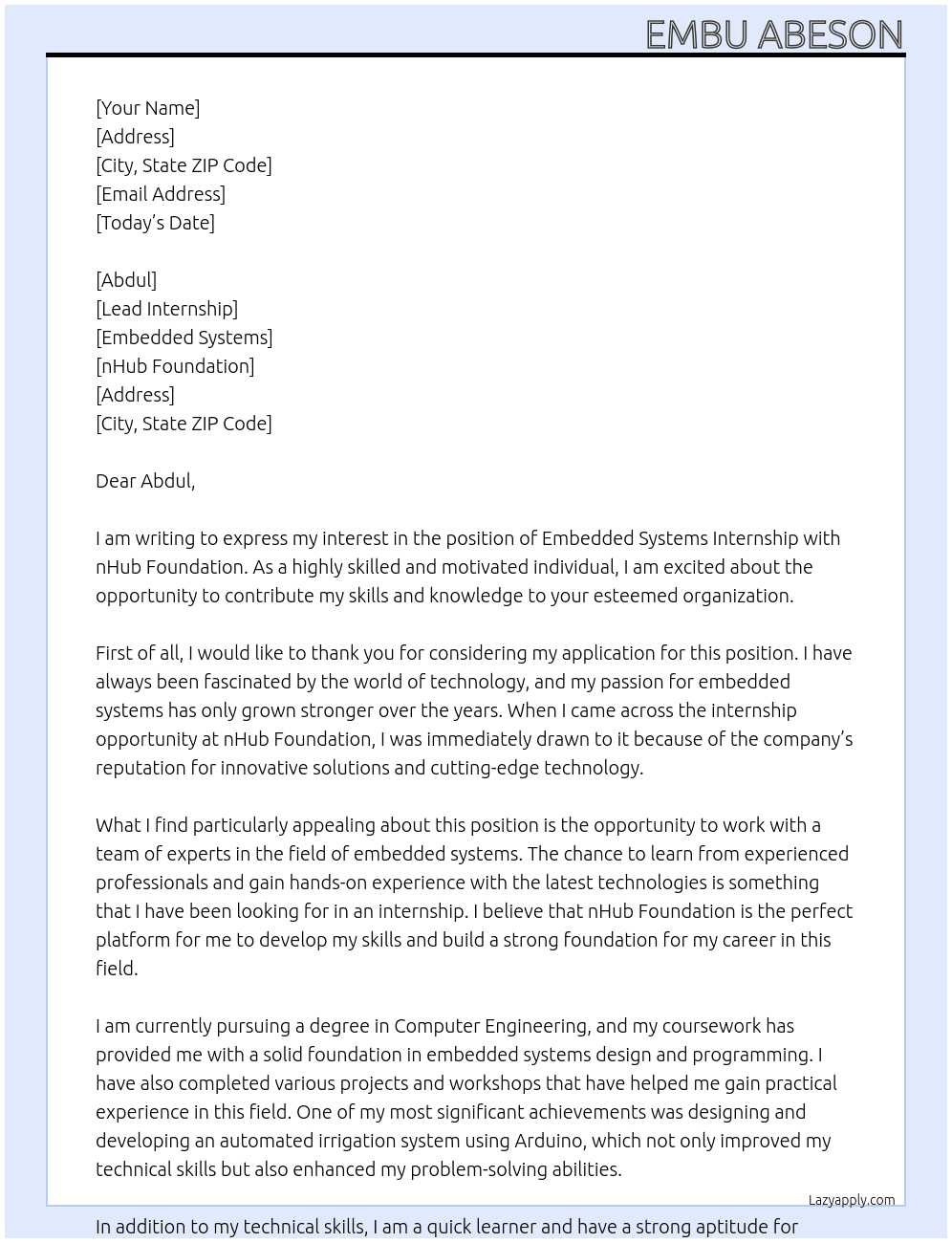 Embedded systems At nHub Foundation Cover Letter