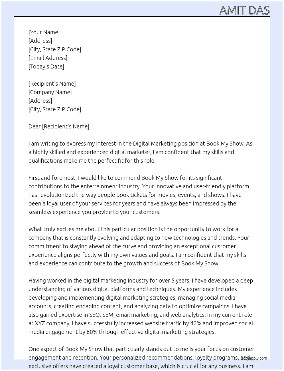 Digital Marketing  At Book My show  Cover Letter